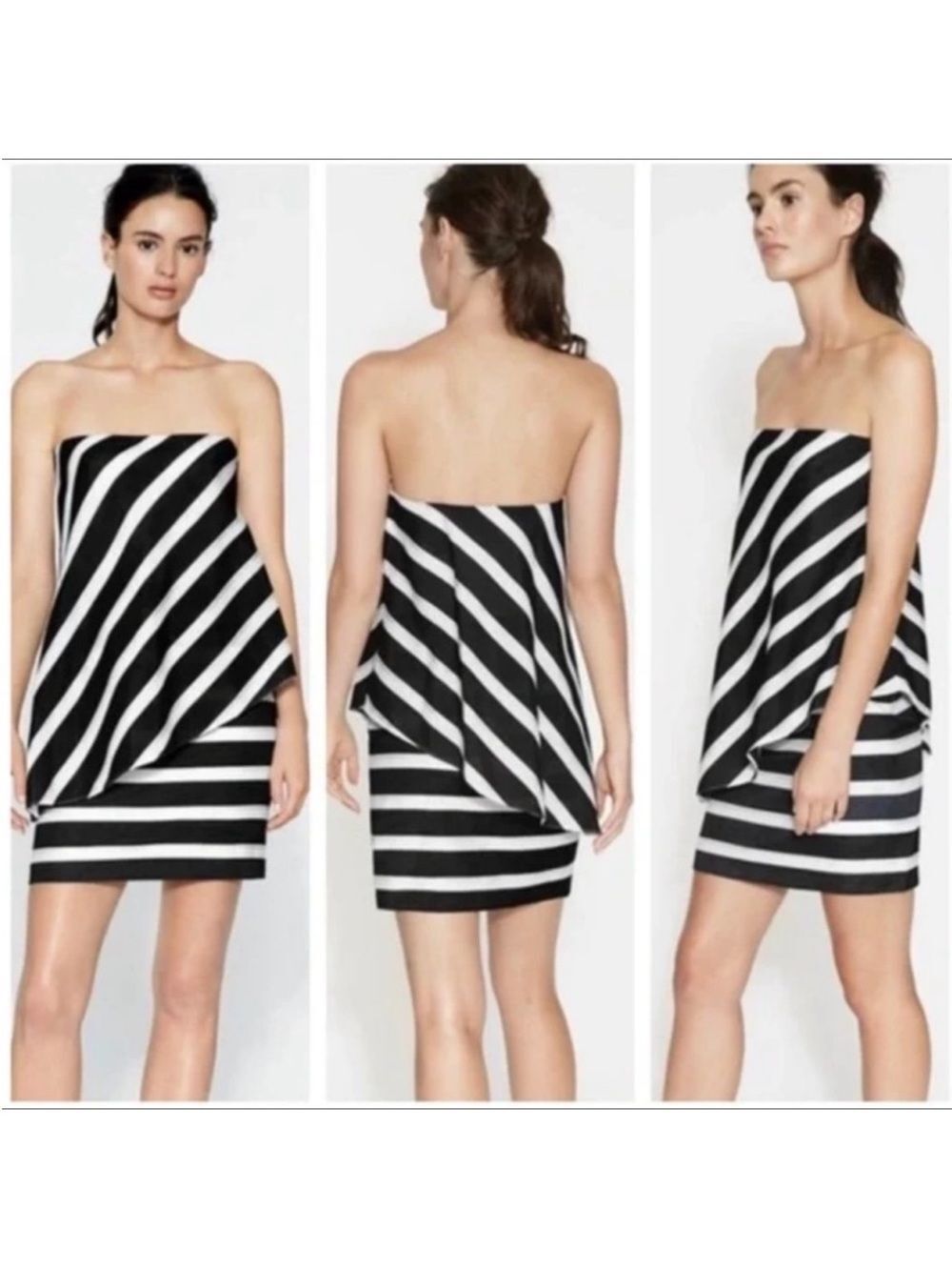 NWT HALSTON HERITAGE Strapless Black Chalk Metallic Stripe Tiered Mini Dress 4